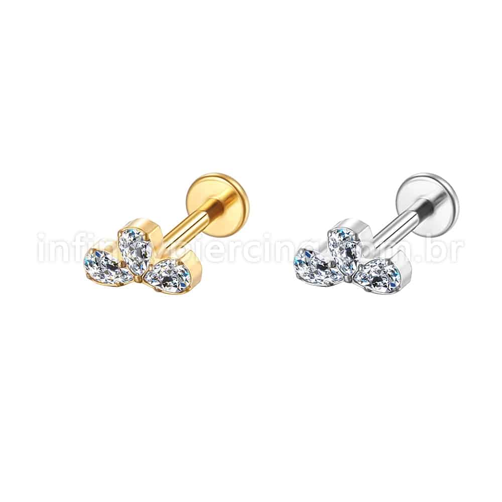 Piercing Labret Aço Cirúrgico 3 Folhas Zircônias